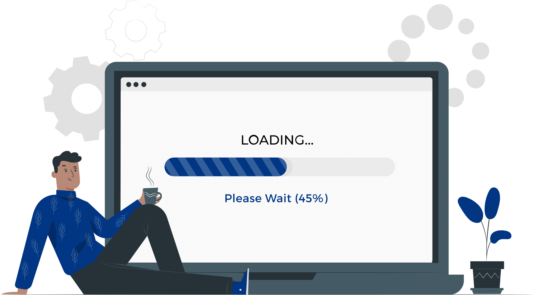 Man with coffee sits in front of a laptop that shows a loading website that needs Magento optimization.