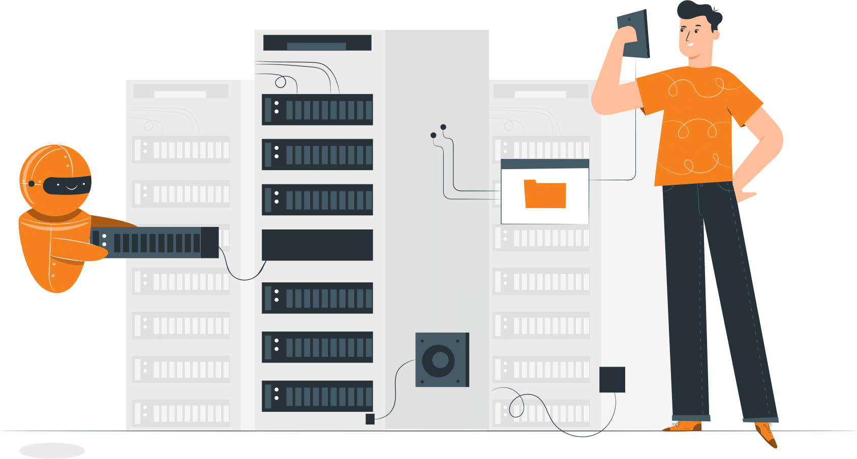 A robot and a man work with dedicated server