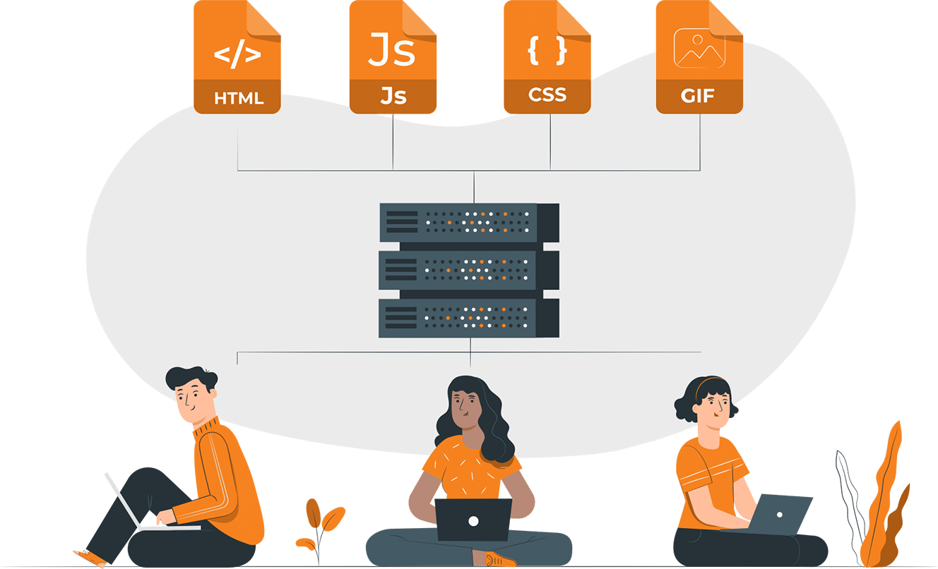 Man and two women work on maintenance of the dedicated server, offering technical and development support.